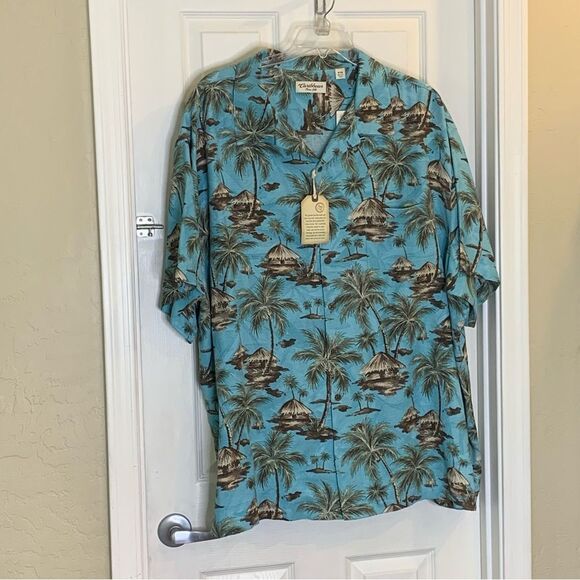 Caribbean Hawaiian Aloha Teal Blue Tiki Hut Button Down Silk Shirt Size 4XB - Picture 3 of 12